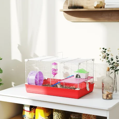 2-Storey Hamster Cage with Exercise Wheel and Dishes &ndash; Red and White &ndash; product view 2