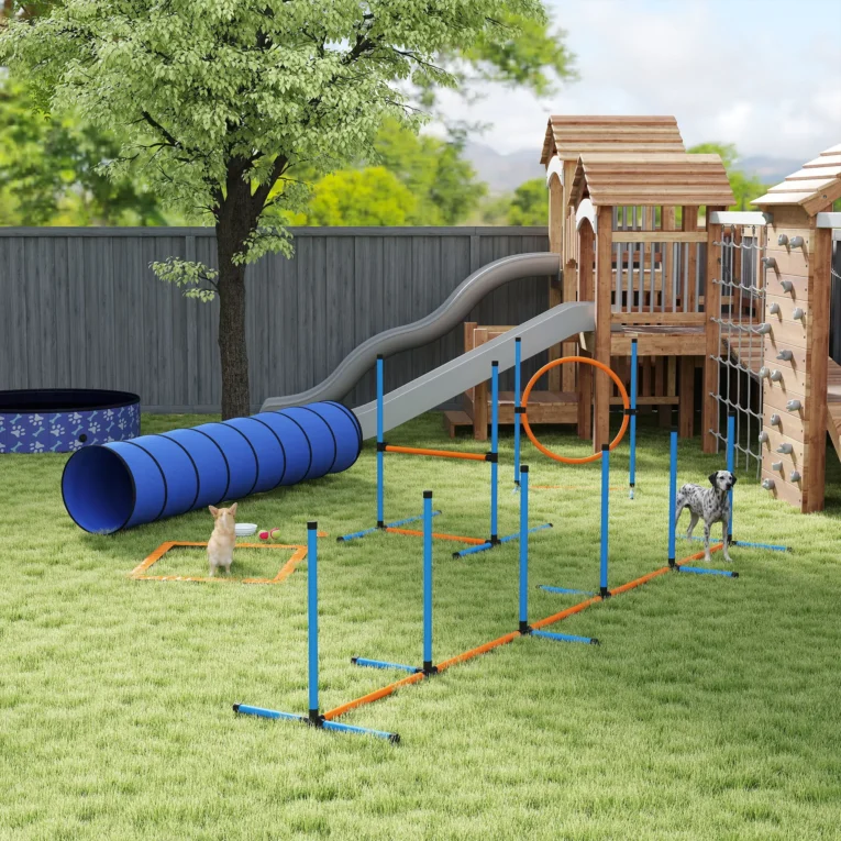 Eight-Piece Dog Agility Set with Tunnel, Weave Poles and Jumps Eight-Piece Dog Agility Set with Tunnel, Weave Poles and Jumps