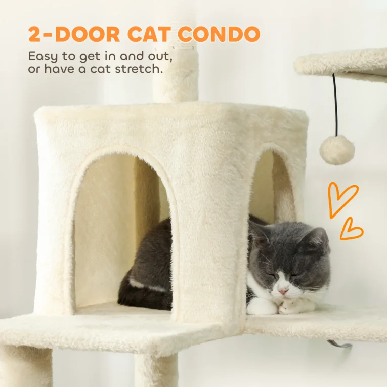 Tall Cat Tower with Two Dens and Hammocks – Beige, 202cm
