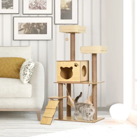 Cat Tower with Hammock and Ladder – Yellow, 130cm