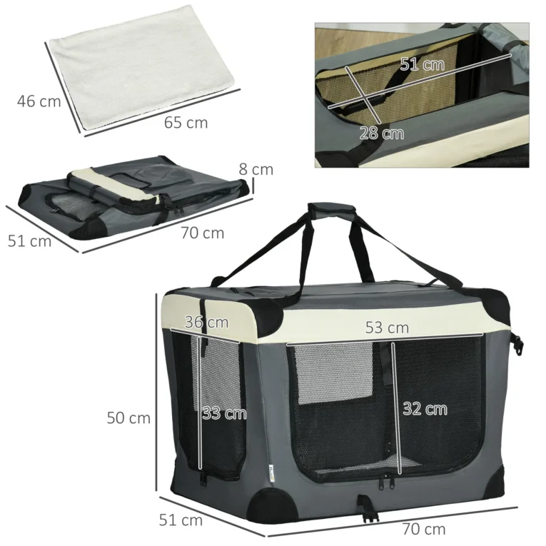 Three-Door Folding Pet Carrier – Grey, 70cm