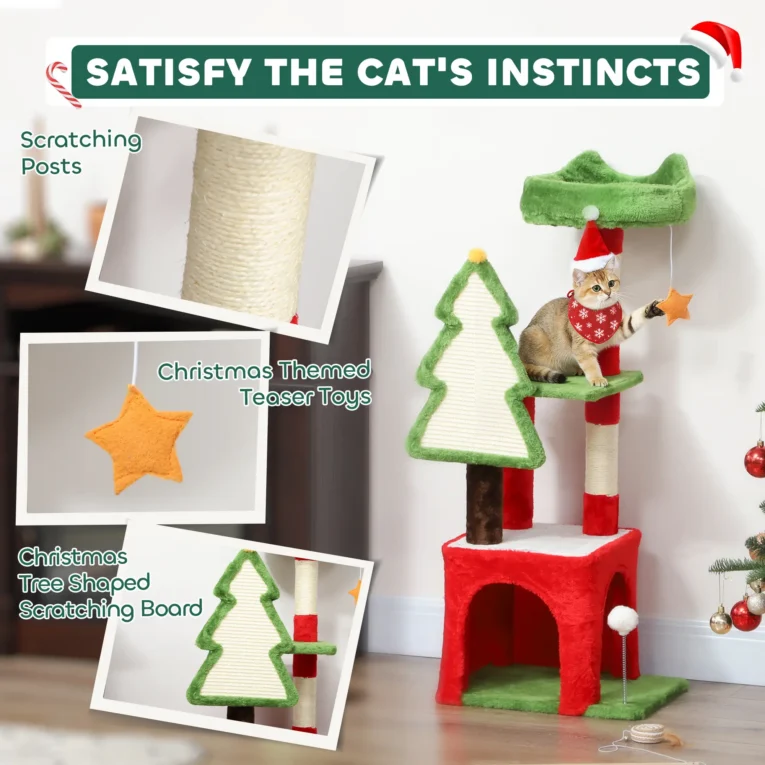 Christmas Cat Activity Tree with House and Scratching Board – Green, 103cm Christmas Cat Activity Tree with House and Scratching Board – Green, 103cm