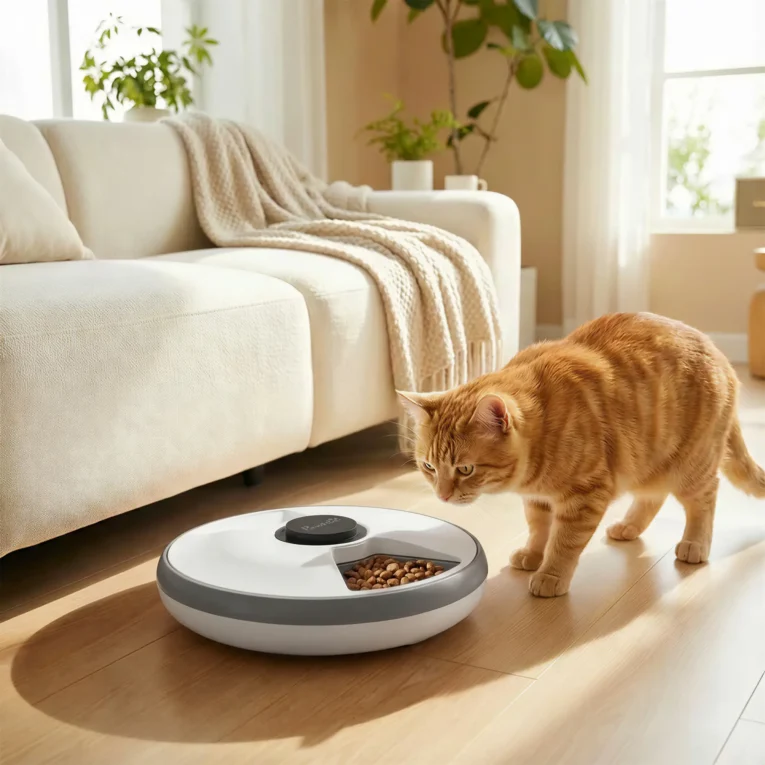 Six-Meal Timed Pet Feeder with Removable Tray – Grey and White