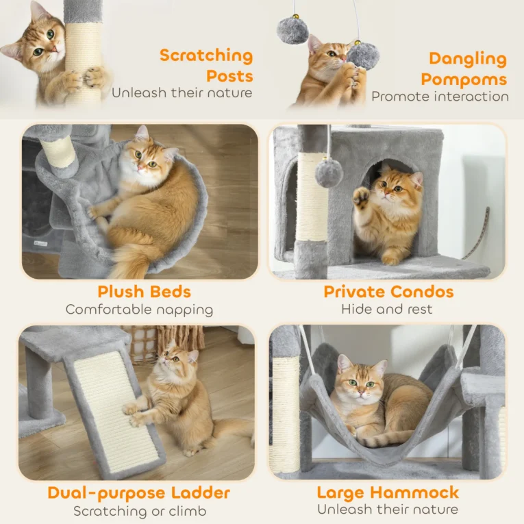 Tall Cat Tower with Three Beds and Two Hammocks – Light Grey, 192cm Tall Cat Tower with Three Beds and Two Hammocks – Light Grey, 192cm