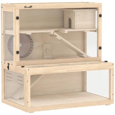 Three-Level Wooden Hamster Habitat with Hut &ndash; Natural, 80cm