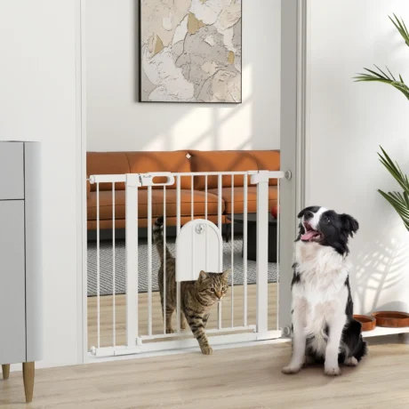 Dog Gate with Cat Flap and Two Extensions – White, 75–103cm