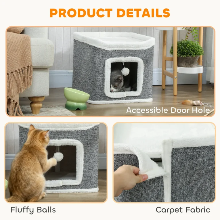 Two-Level Cat Hideaway with Top Bed and Toys – Grey, 41cm