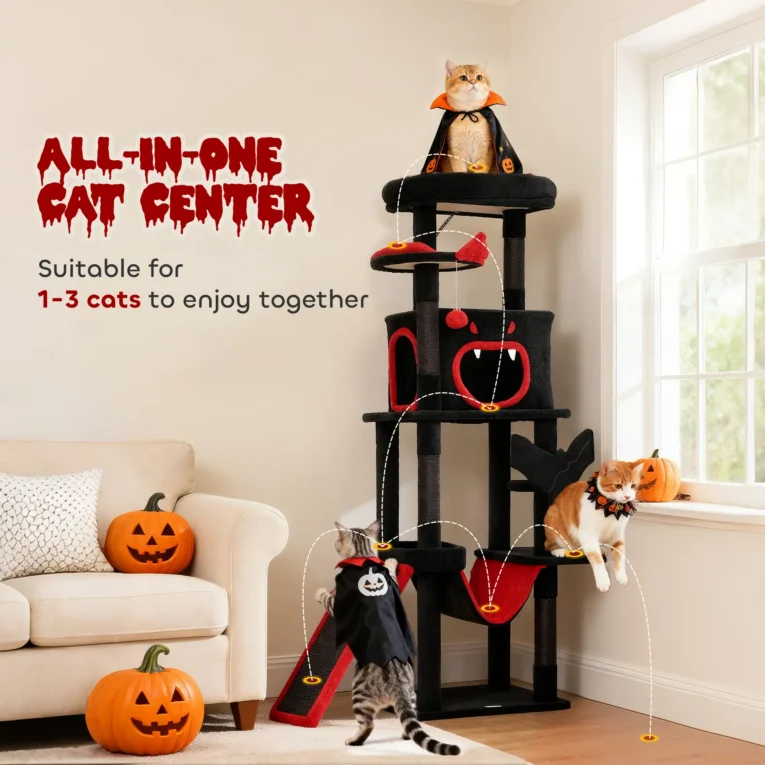 Gothic Cat Tower with Coffin Bed and Hammock – Black and Red, 152cm Gothic Cat Tower with Coffin Bed and Hammock – Black and Red, 152cm