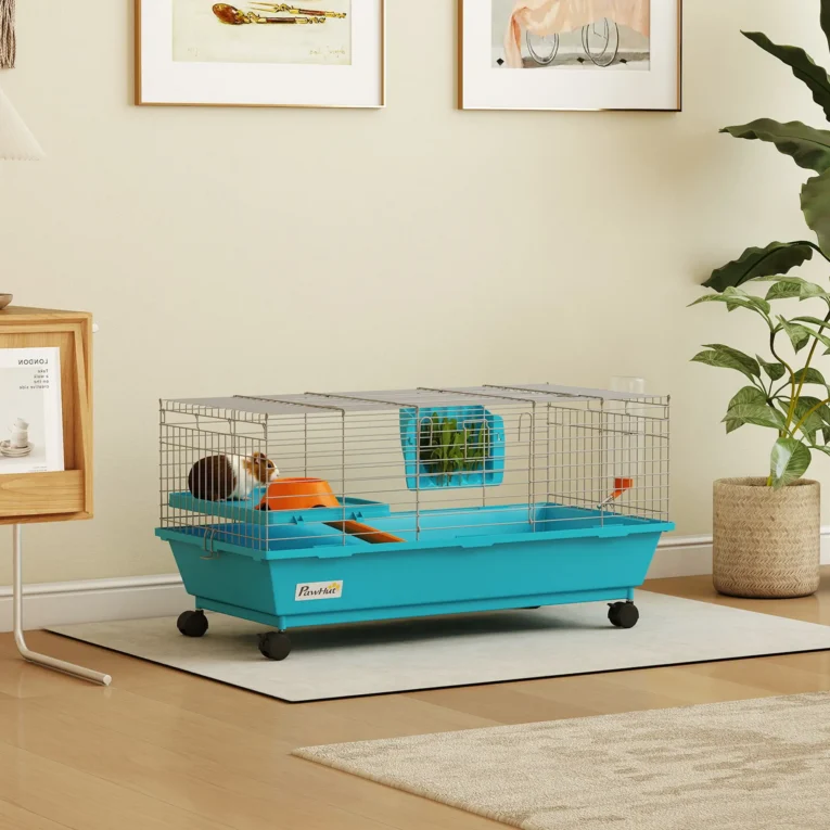 Small-Pet Habitat with Wheels and Water Bottle – Blue Small-Pet Habitat with Wheels and Water Bottle – Blue