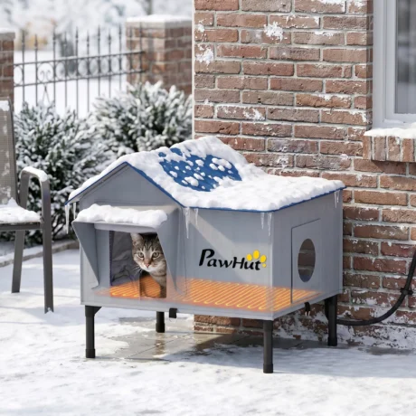 Insulated Outdoor Cat House with Heating Pad – Light Grey