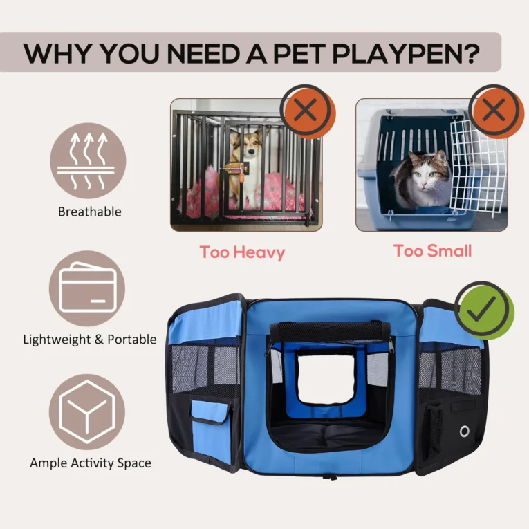 Portable Pet Playpen Indoor Outdoor 90x41cm – Blue and Black