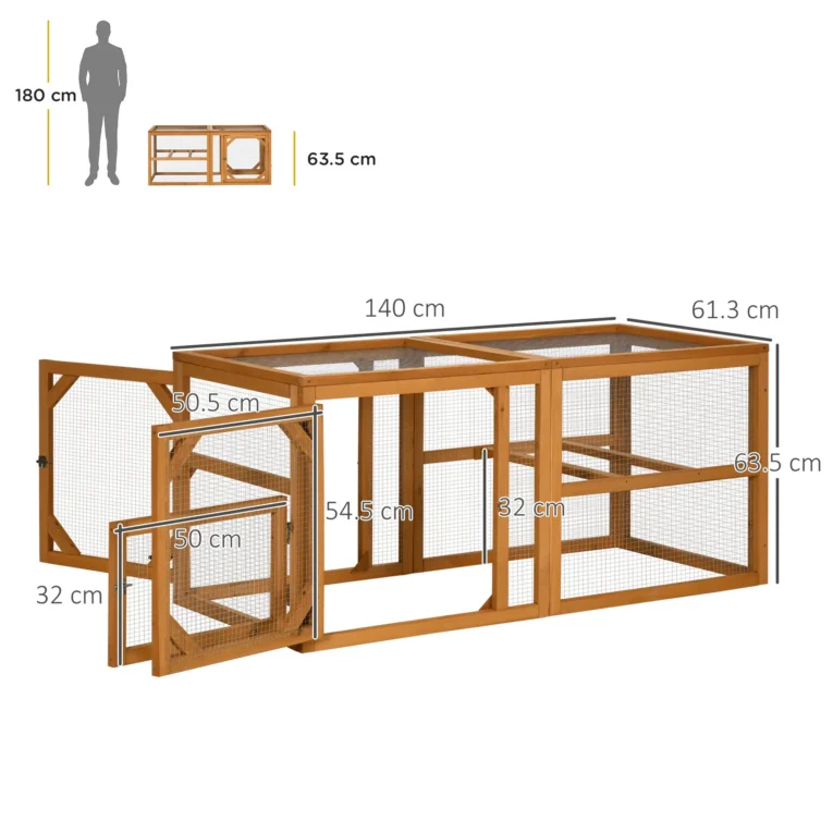 Wooden Chicken Run with Perches and Multiple Doors – Natural, 140cm