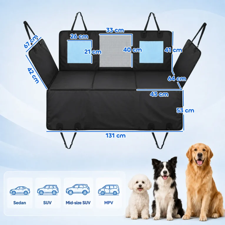 Dog Car Seat Hammock Cover with Mesh Window – Blue, 148cm