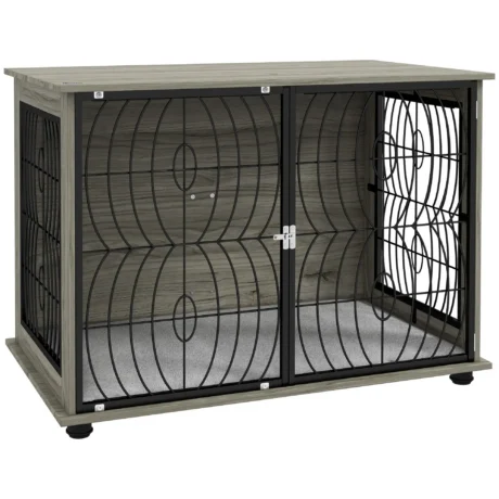 Large Dog Crate Side Table with Cushion &ndash; Grey Wood Effect, 100cm