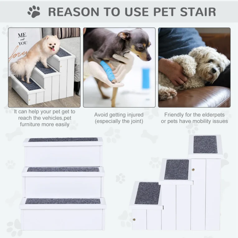 Wooden Dog Steps Pet Stairs with Storage – White