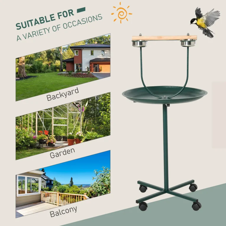 Bird Perch Stand with Bowls and Wheels – Green, 122cm