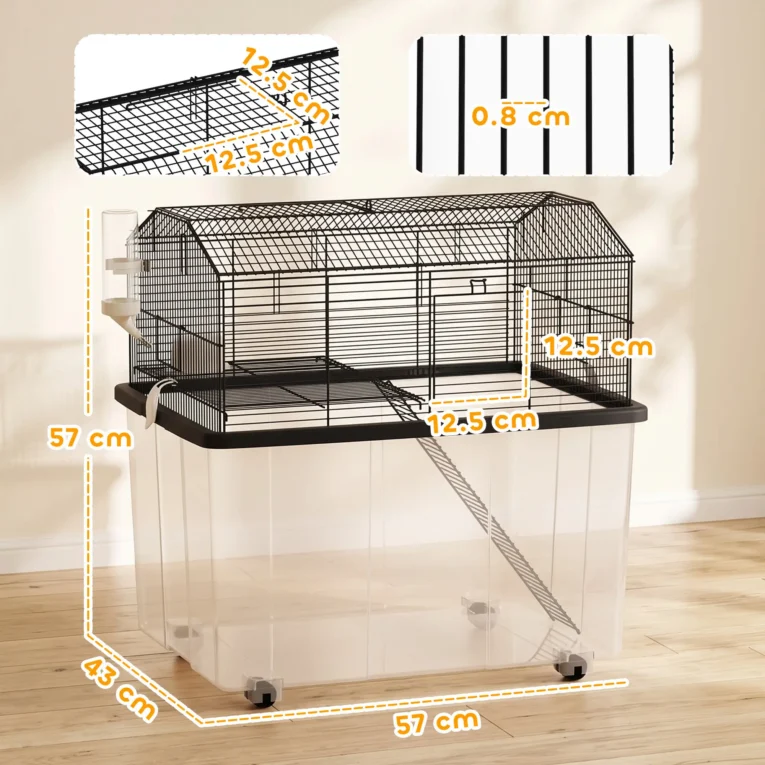 Two-Tier Hamster Cage with Wheels and Deep Bottom – Black