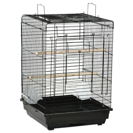 Open-Top Bird Cage with Feeding Bowls – Black