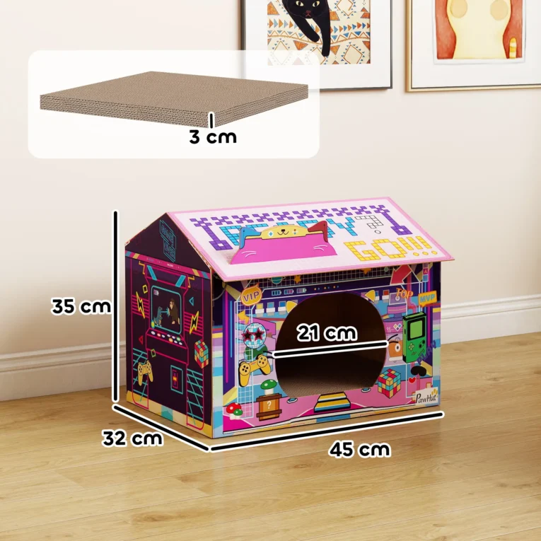 Gaming-Style Cardboard Cat Hideaway with Scratching Base – Pink Gaming-Style Cardboard Cat Hideaway with Scratching Base – Pink