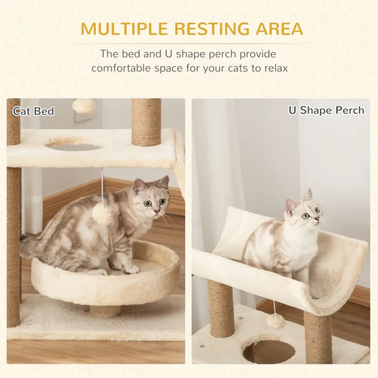 Cat Tower with Curved Perch and Scratch Pad – Light Brown
