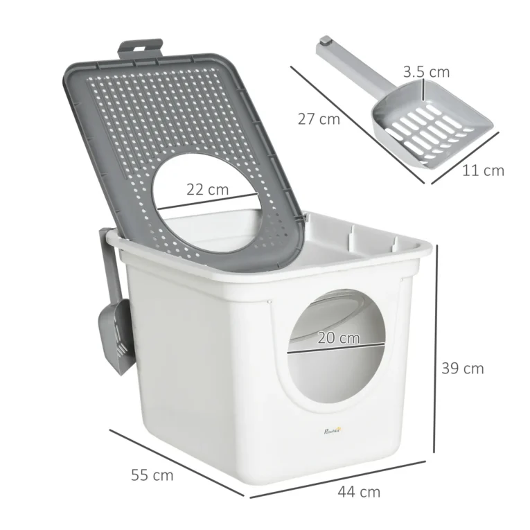 Enclosed Cat Litter Box with Front Entry and Top Exit – White