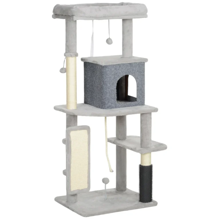 Cat Tower with Grooming Brush and Scratching Pad – Light Grey, 132cm
