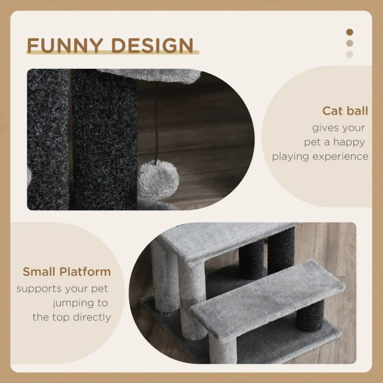 Three-Step Cat Stairs with Scratching Posts and Toy – Grey
