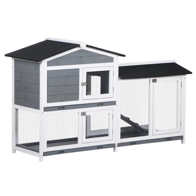 Wooden Rabbit Hutch 2-Tier with Tray – Grey, White, Black
