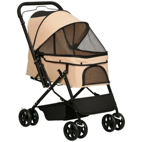 Folding Pet Stroller with Reversible Handle – Light Brown