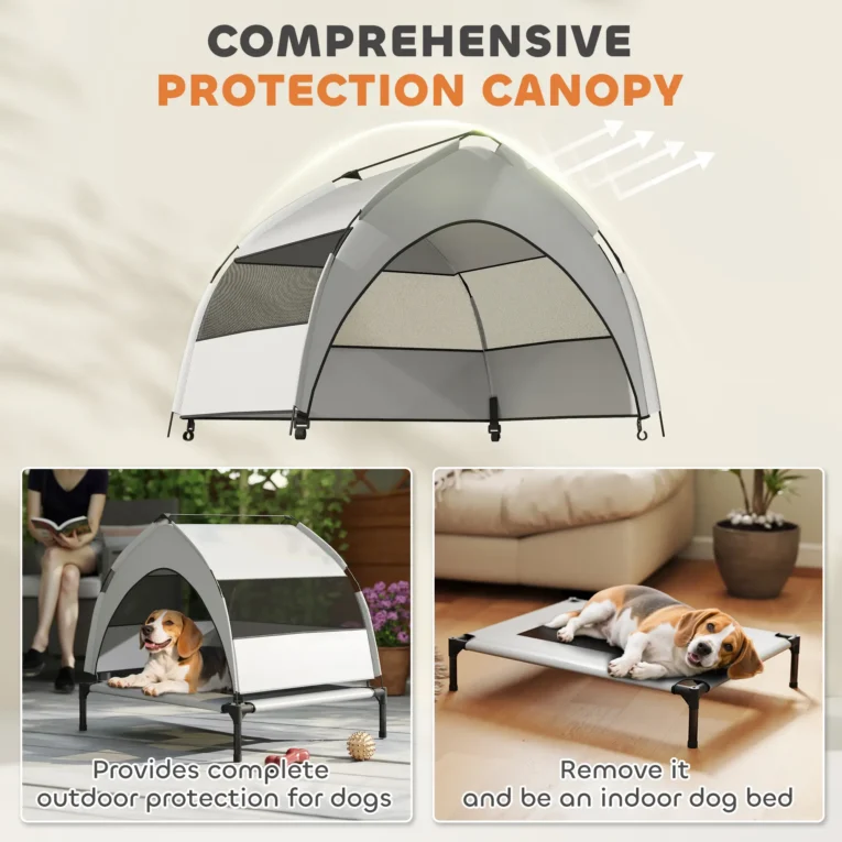 Compact Raised Dog Bed with Canopy and Carry Bag – Grey, 76cm Compact Raised Dog Bed with Canopy and Carry Bag – Grey, 76cm