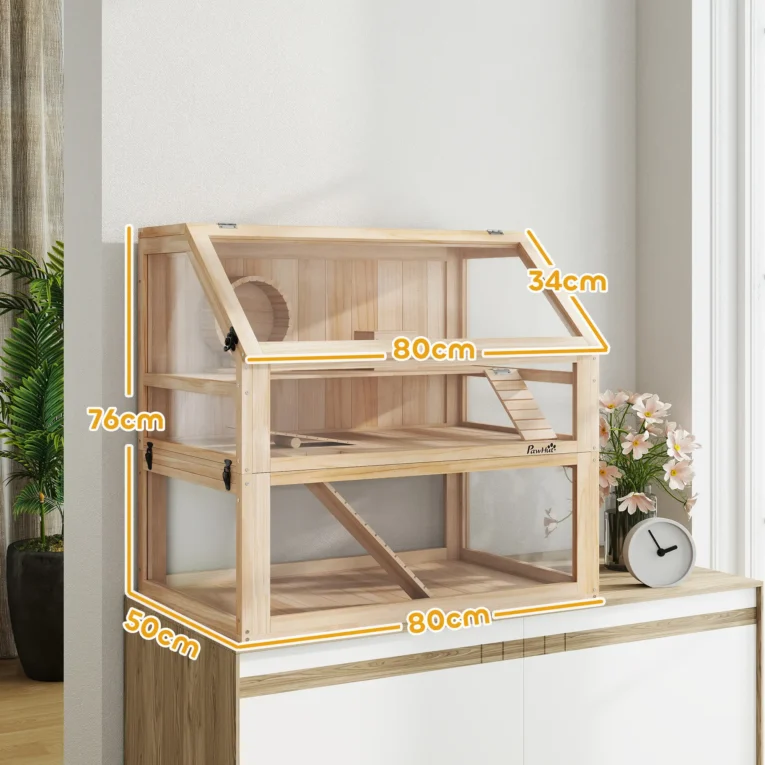 Wooden Hamster Cage with Deep Base and Wheel – Natural, 80cm Wooden Hamster Cage with Deep Base and Wheel – Natural, 80cm