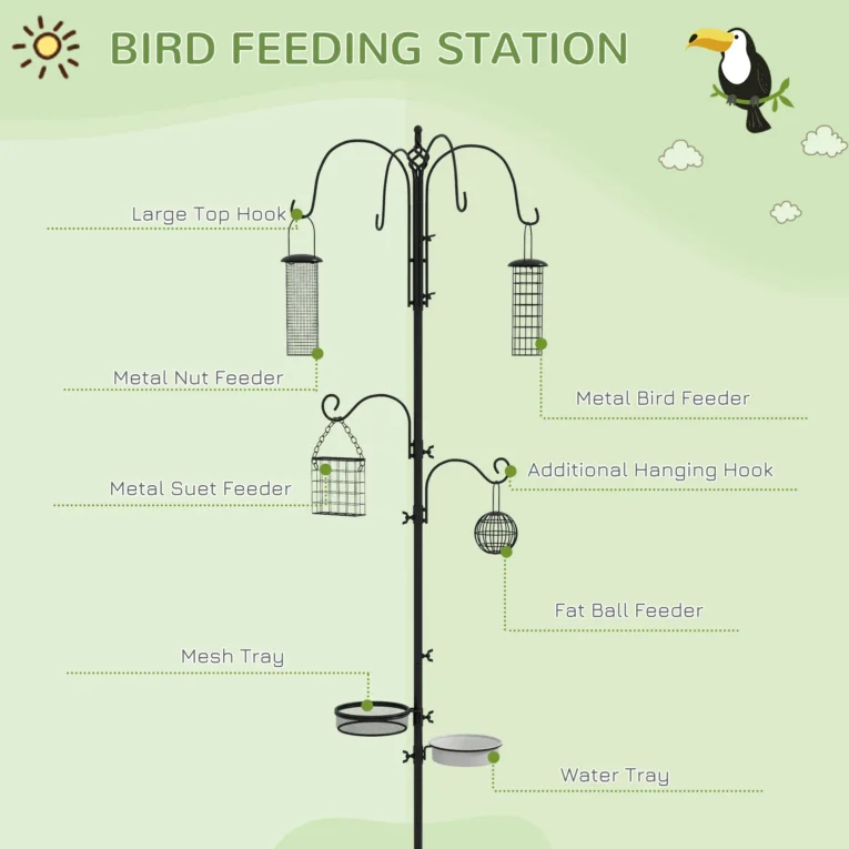 Garden Bird Feeding Station with Four Feeders and Six Hooks – Black Garden Bird Feeding Station with Four Feeders and Six Hooks – Black