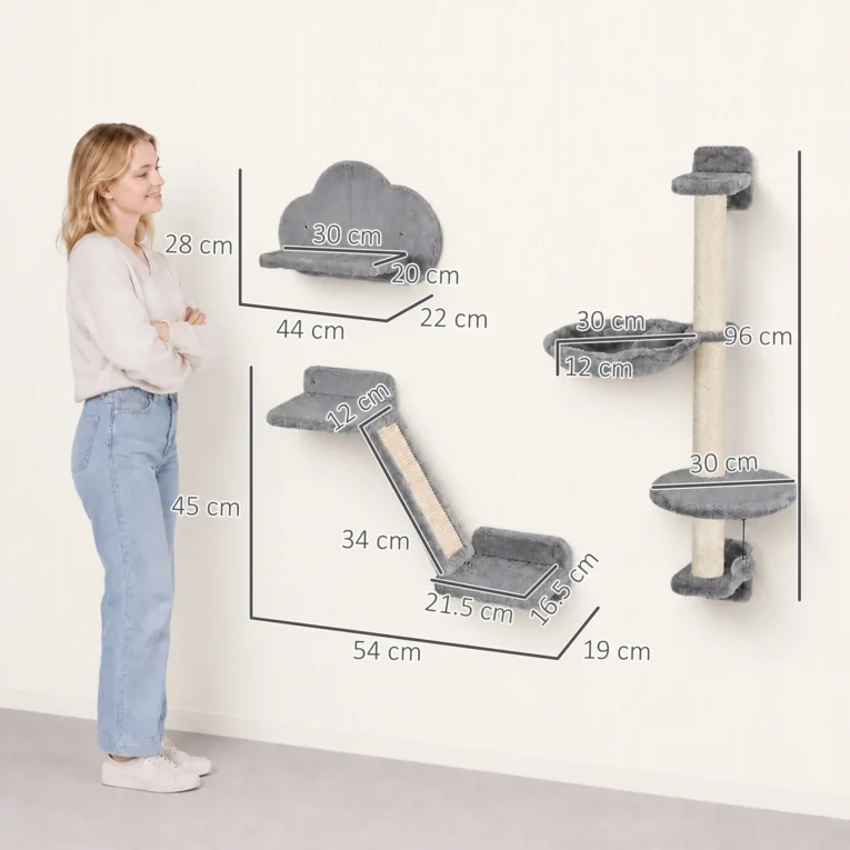 Wall-Mounted Cat Shelf Set with Hammock and Ladder – Grey