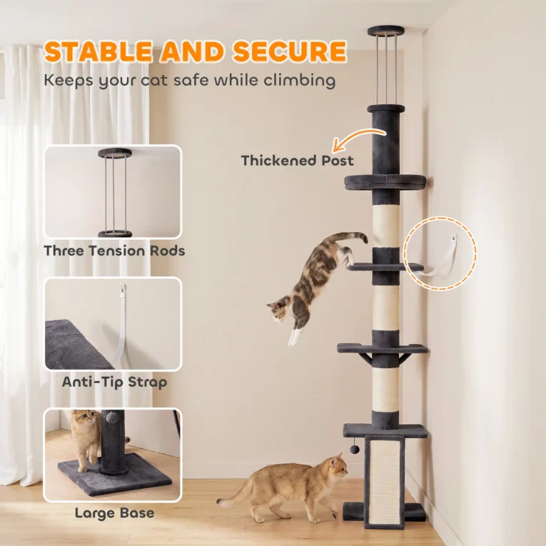 Floor to Ceiling Cat Tree 5-Level Bed Hammock – Dark Grey, Cream White