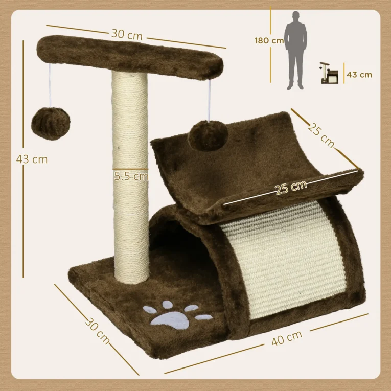 Compact Cat Activity Tree with Rotating Bar and Tunnel – Brown