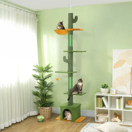 Adjustable Floor-to-Ceiling Cat Tower with Den – Green, 230–275cm