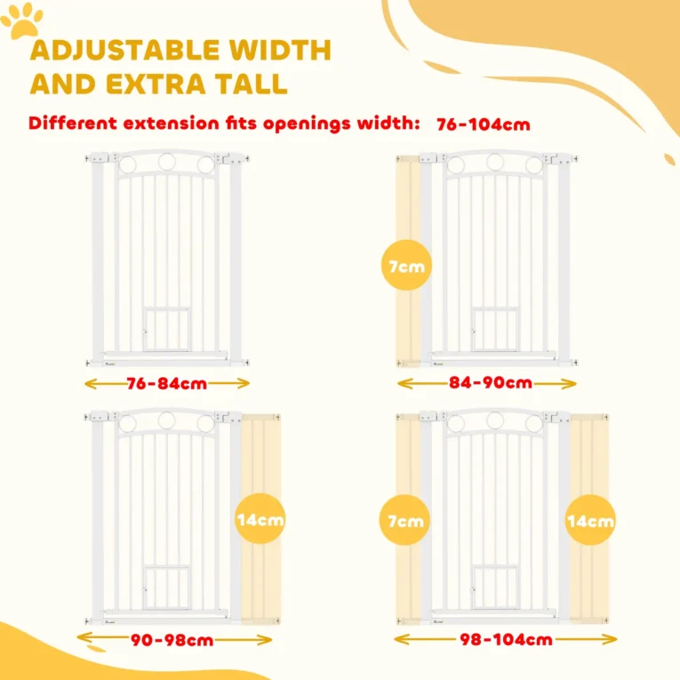 106cm Tall Dog Gate with Cat Door and Extensions – White, 76–104cm 106cm Tall Dog Gate with Cat Door and Extensions – White, 76–104cm