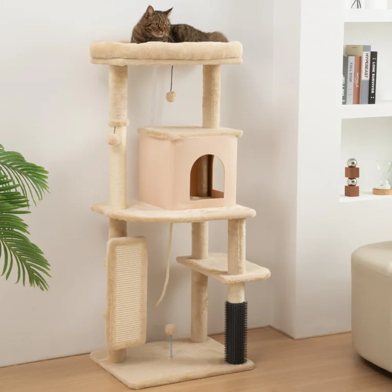 Cat Activity Tree with Grooming Brush and Bed – Beige, 132cm
