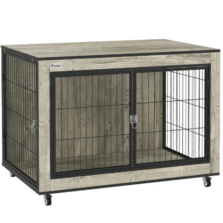 Dog Crate Furniture with Front and Side Doors – Grey, 80cm