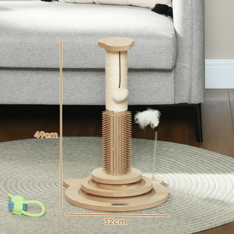 Cat Scratching Post with Grooming Brush and Ball Tracks – Oak, 49cm