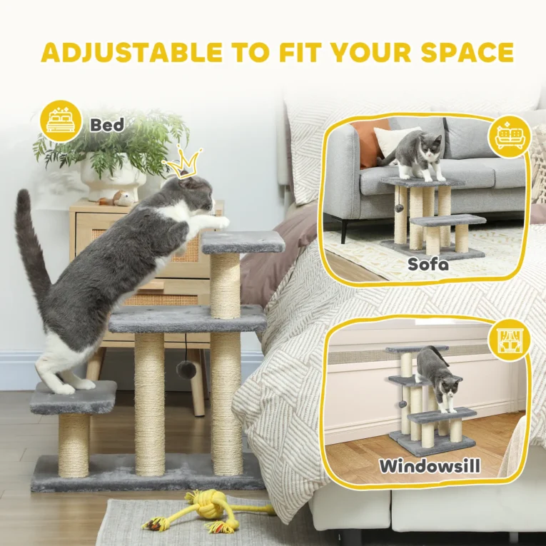 Three-Step Pet Stairs with Sisal Posts and Adjustable Top – Grey