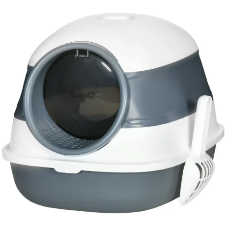 Folding Hooded Cat Litter Box – White and Grey