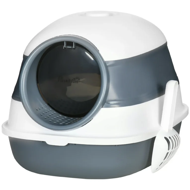 Folding Hooded Cat Litter Box – White and Grey