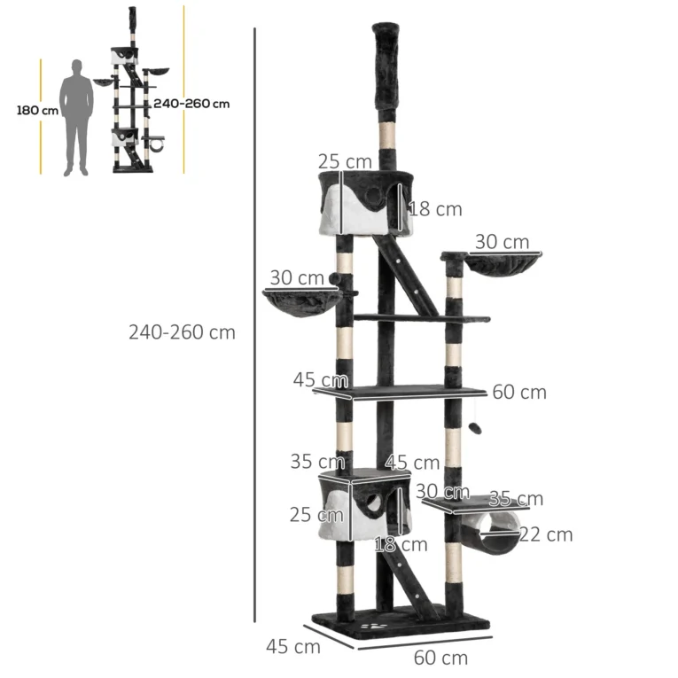 Floor-to-Ceiling Cat Tree with Hammocks and Tunnel – White, 240–260cm