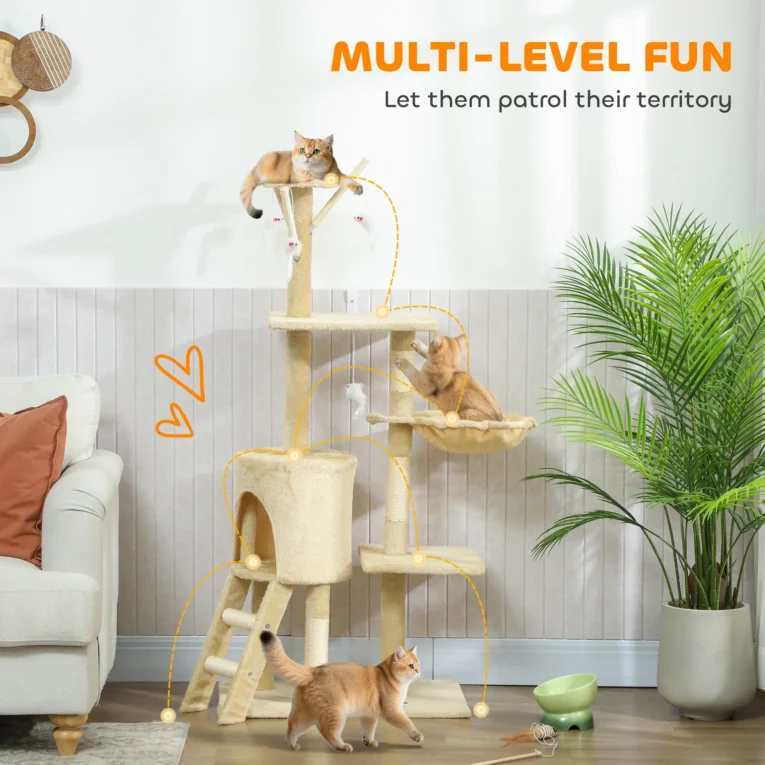 Cat Tree with Den, Basket and Ladder – Beige, 134cm