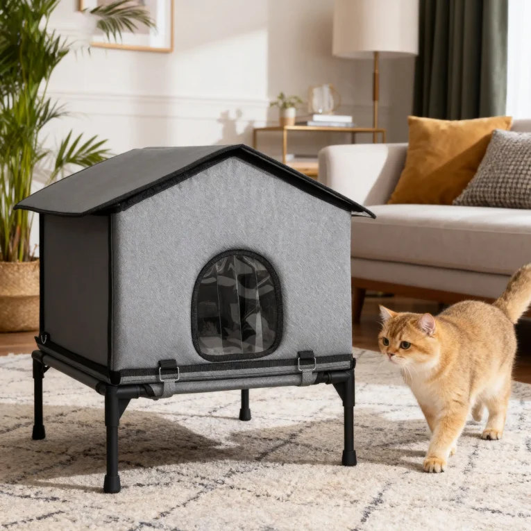 Raised Insulated Outdoor Cat House with Cushion – Grey, 62cm