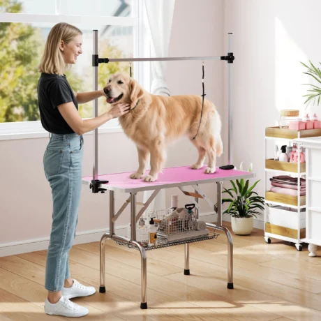 Folding Dog Grooming Table with Adjustable Arm – Pink, 107cm