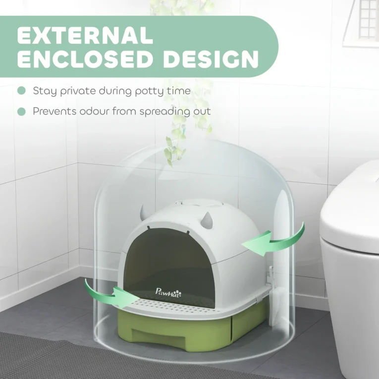 Covered Cat Litter Box with Pull-Out Tray – Green