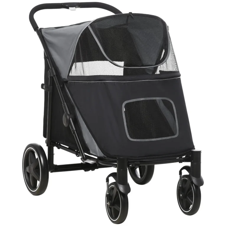 Folding Dog Stroller with Large Cabin – Grey and Black, 30kg