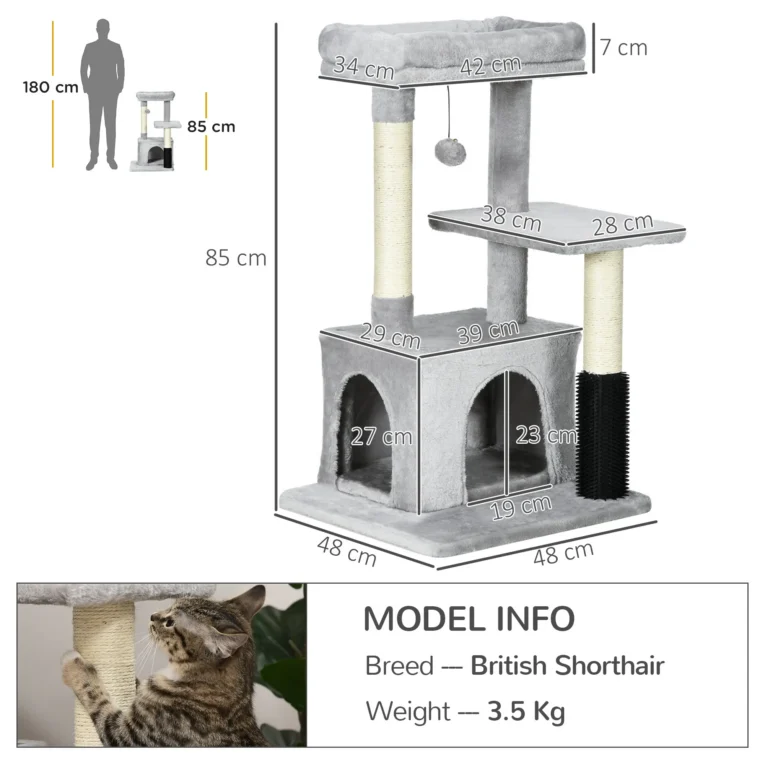 Cat Tower with Washable Top Bed – Light Grey, 85cm
